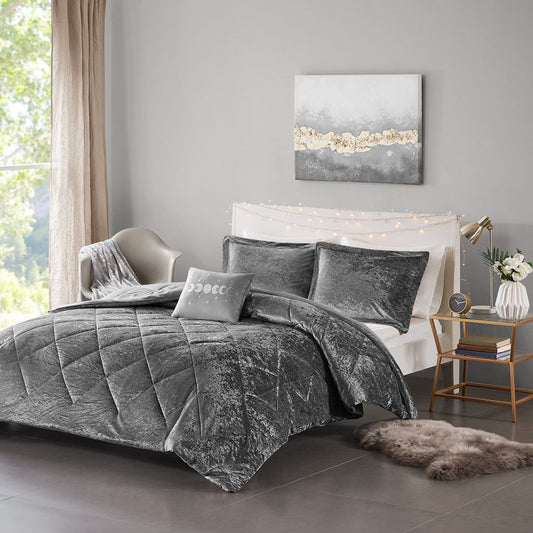 Felicia Twin Long Velvet Comforter Set - Gray