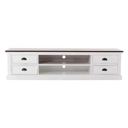 Wood Entertainment Unit With Four Drawers - Distressed White / Brown