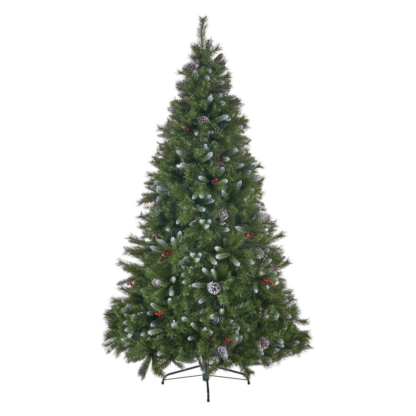 7' Mixed Frosted Hinged Tree With 52 Frosted Pine Cones And 26 Red Berry And 1219 Tips