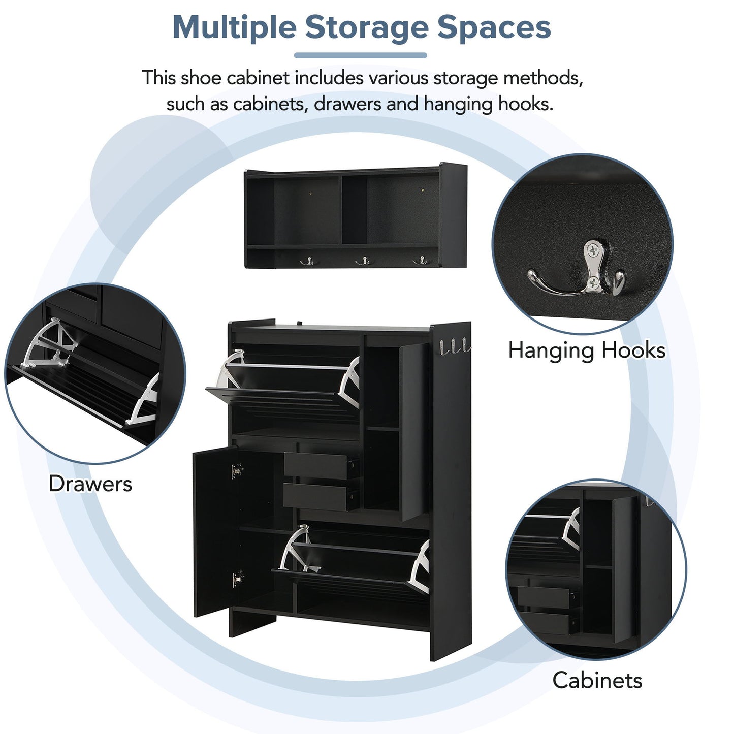 On Trend Multi Functional Shoe Cabinet With Wall Cabinet, Space - Saving Design Foyer Cabinet With 2 Flip Drawers, Versatile Side Cabinet For Hallway, Black