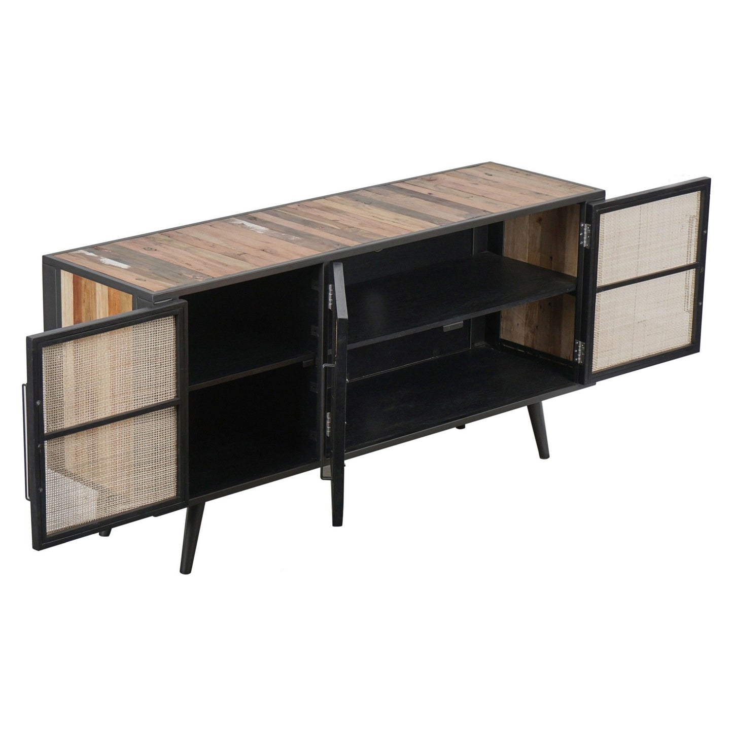 Rustic And Rattan Media Cabinet With Three Doors - Black Natural