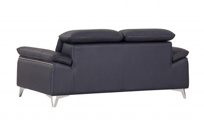 Genuine Leather Love Seat - Navy Blue / Silver