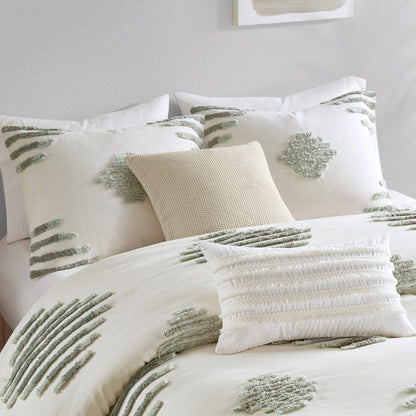 3 Piece Cotton Blend Chenille Duvet Cover Set - Green / Ivory / Dark Green