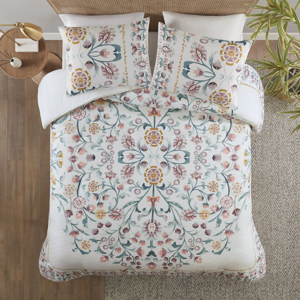 3 Piece Floral Duvet Cover Set - White / Multi