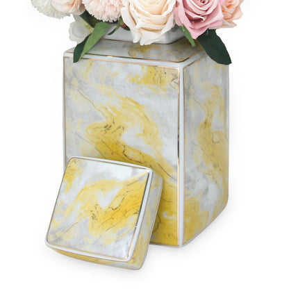 Square Glass Ginger Jar With Marble Design - Gold And Gray