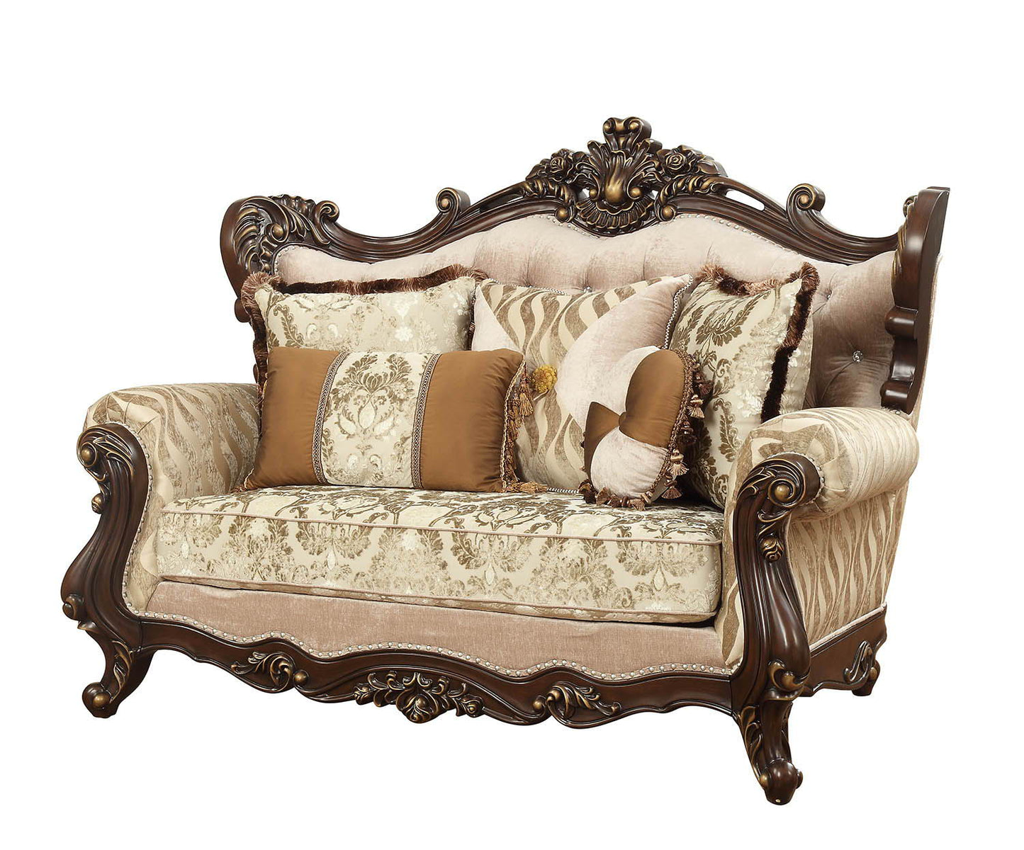 Damask Loveseat And Toss Pillows - Beige / Brown