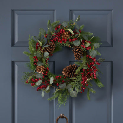 22" Berry / Eucalyptus / Pinecone Wreath - Green Leaves