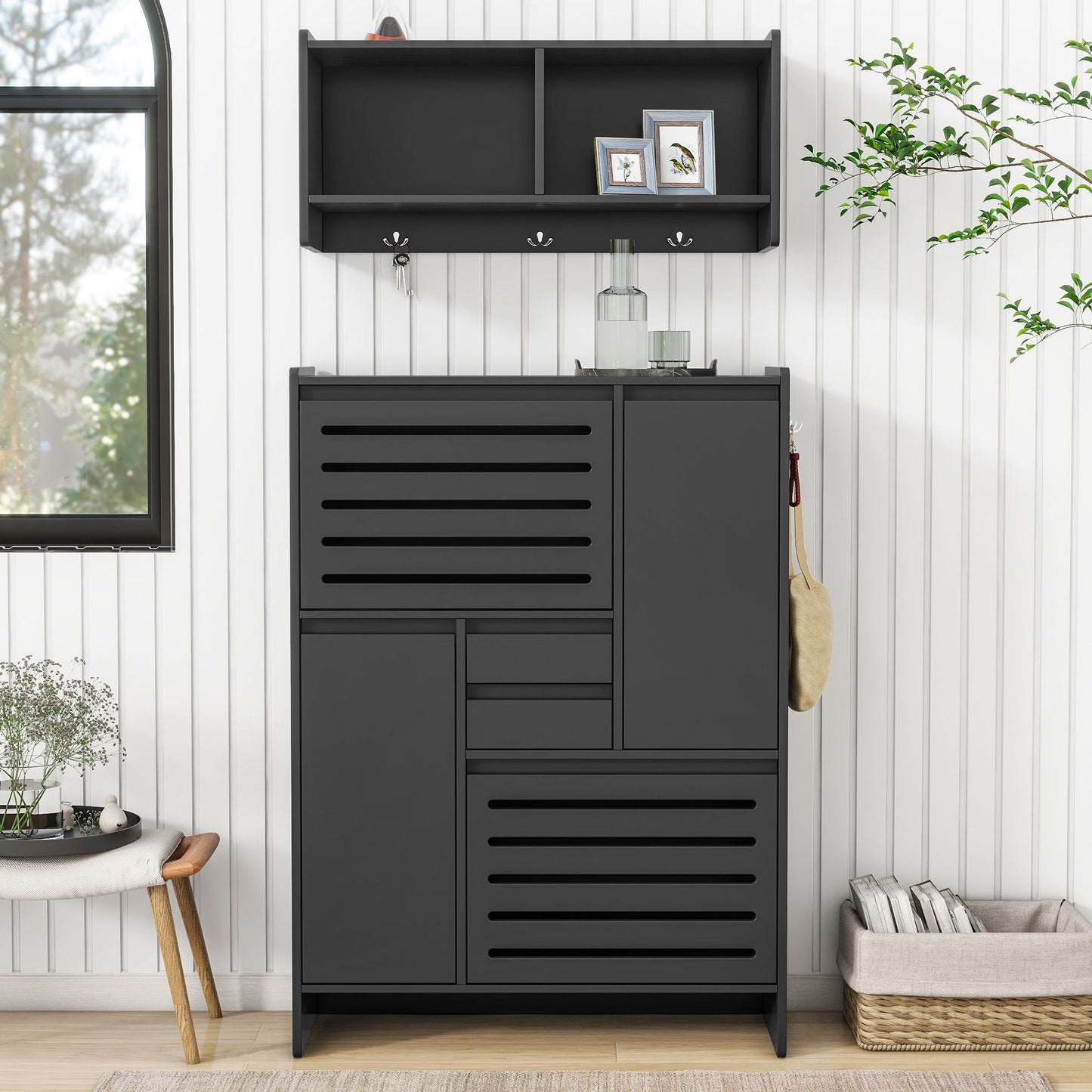 On Trend Multi Functional Shoe Cabinet With Wall Cabinet, Space - Saving Design Foyer Cabinet With 2 Flip Drawers, Versatile Side Cabinet For Hallway, Black