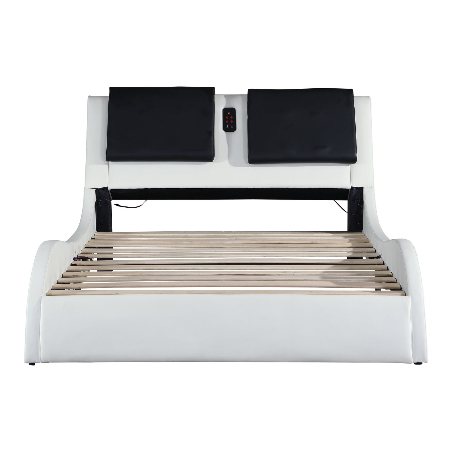 Upholstered Platform Bed Frame With LED Lighting, Bluetooth Connection To Play Music Control, Backrest Vibration Massage, Curve Design, Wood Slat Support, Exhibited Speakers