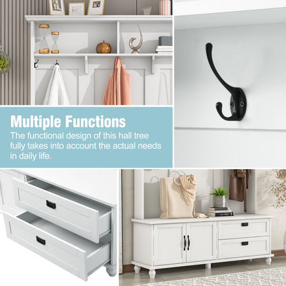 On-Trend Modern Style Hall Tree With Storage Cabinet And 2 Large Drawers, Widen Mudroom Bench With 5 Coat Hooks - White