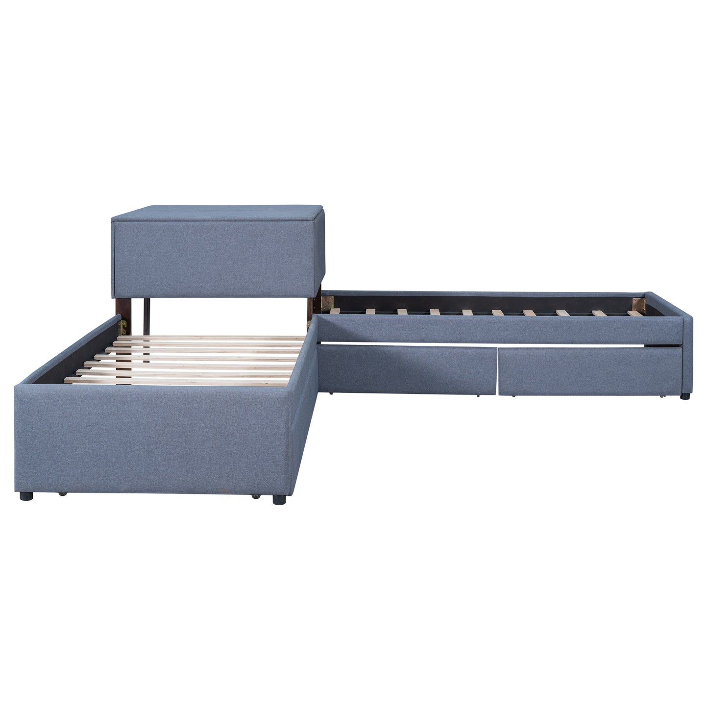 L-shaped Upholstered Platform Bed with Trundle and Two Drawers Linked with built-in Desk,Twin,Gray