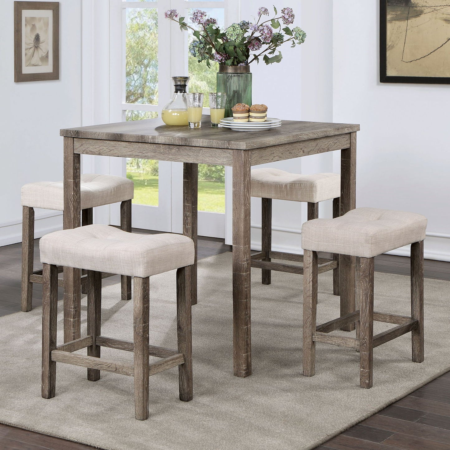 Torreon - 5 Piece Counter Height Table Set - Light Gray / Beige