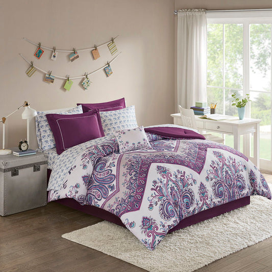 Tulay Full Boho Comforter Set With Bed Sheets - Purple