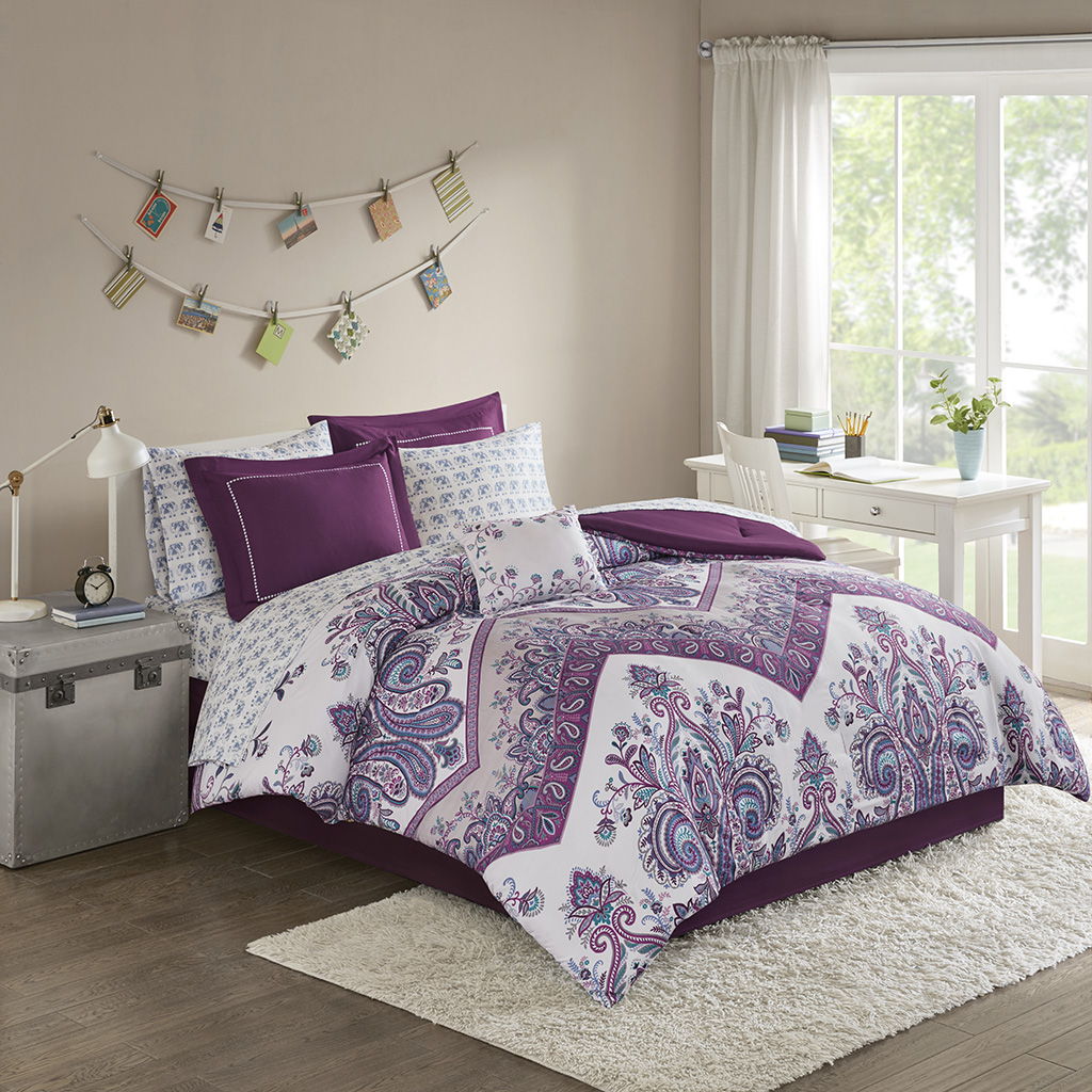 Tulay Twin Long Boho Comforter Set With Bed Sheets - Purple