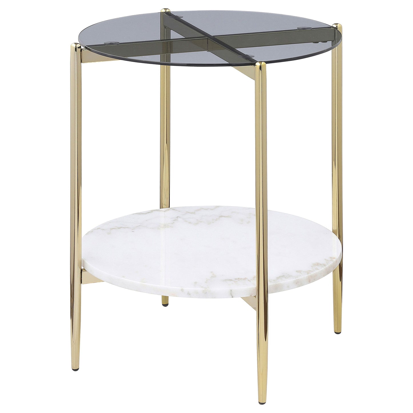 Jonelle - Round Glass Top End Table White Marble Shelf Gold - Smoke