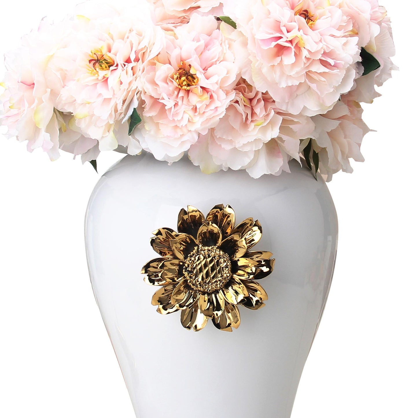 White Ginger Jar With Gilded Flower - Timeless Home Decor