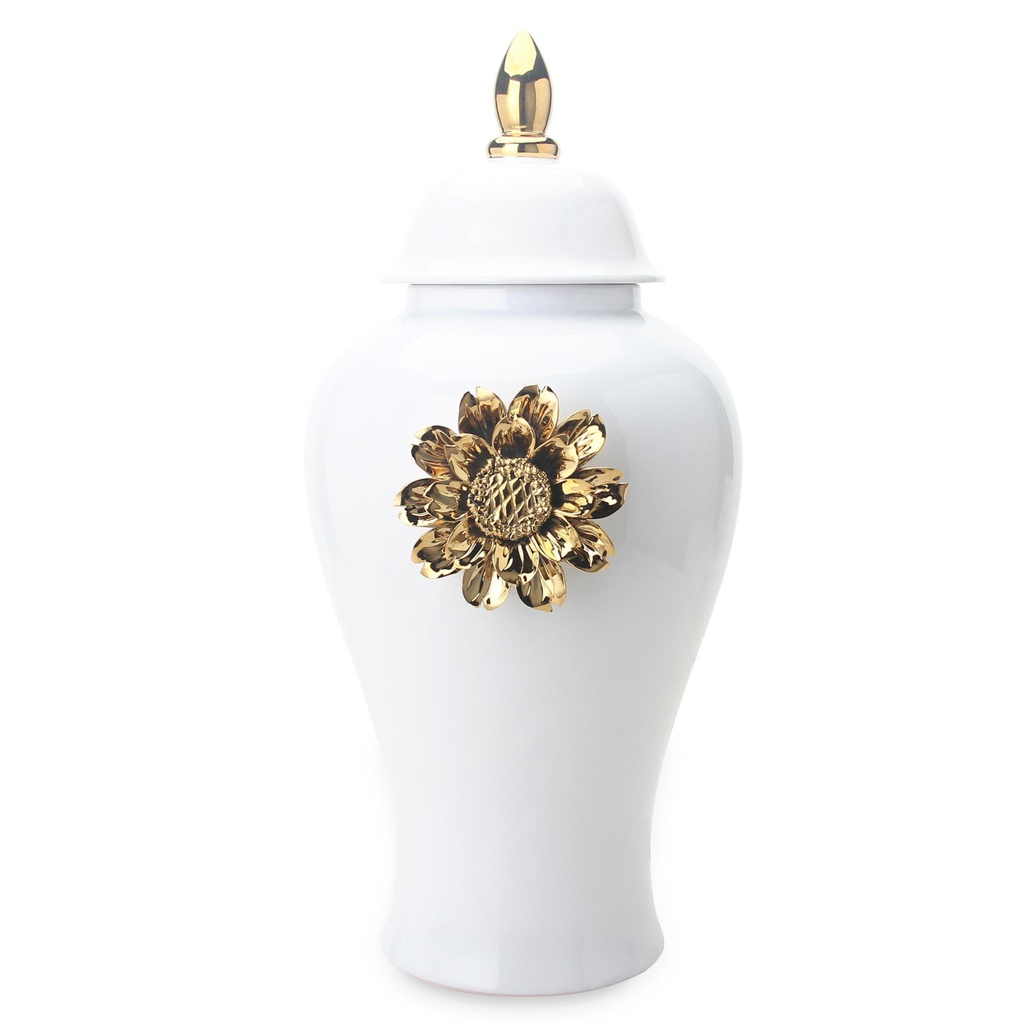 White Ginger Jar With Gilded Flower - Timeless Home Decor