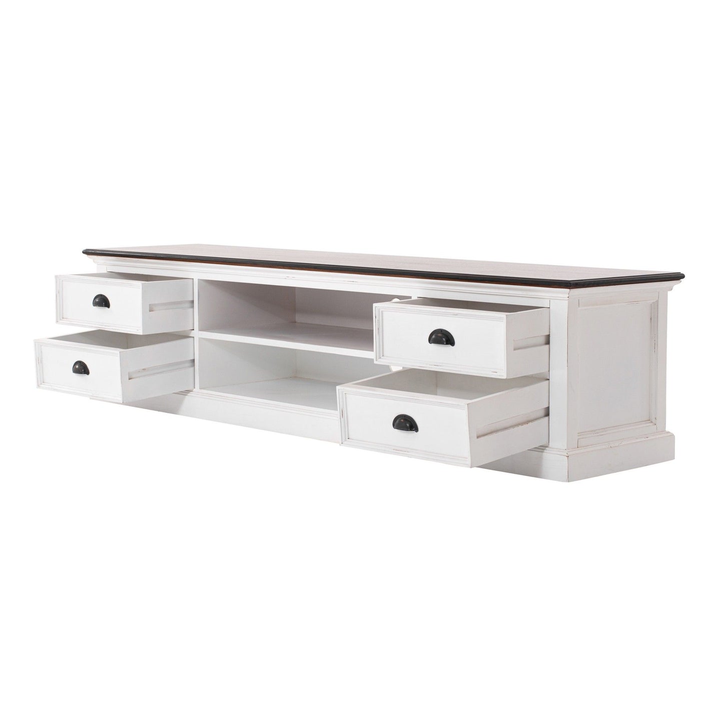 Wood Entertainment Unit With Four Drawers - Distressed White / Brown