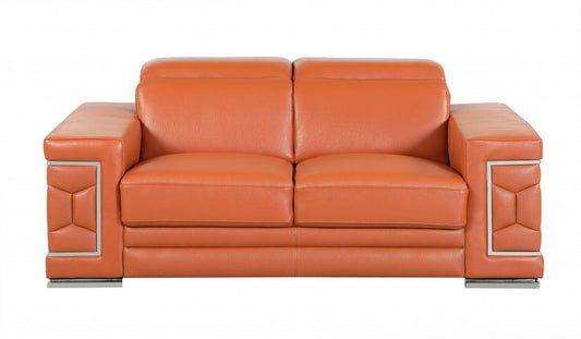 Genuine Leather Love Seat - Camel / Silver