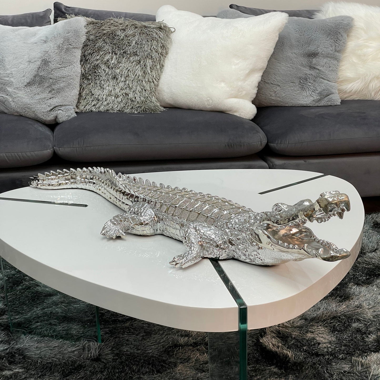 Ambrose Diamond Encrusted Chrome Plated Crocodile (25" X 9"W X 7. 5"H)