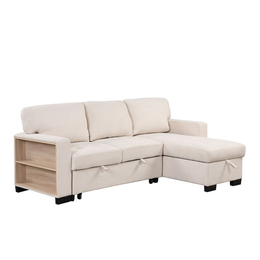 Stylish And Functional Light Chaise Lounge Sectional With Storage Rack Pull-Out Bed Drop Down Table And USB Charger