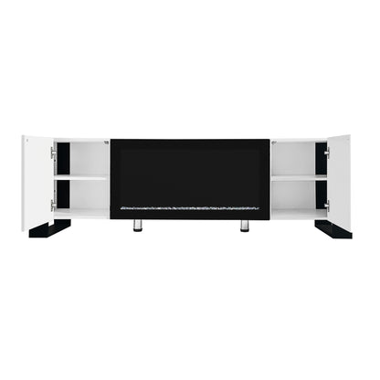 ON-TREND Modern TV Stand with 34.2" Non-heating Electric Fireplace, High Gloss Entertainment Center with 2 Cabinets, Media Console for TVs up to 78", White