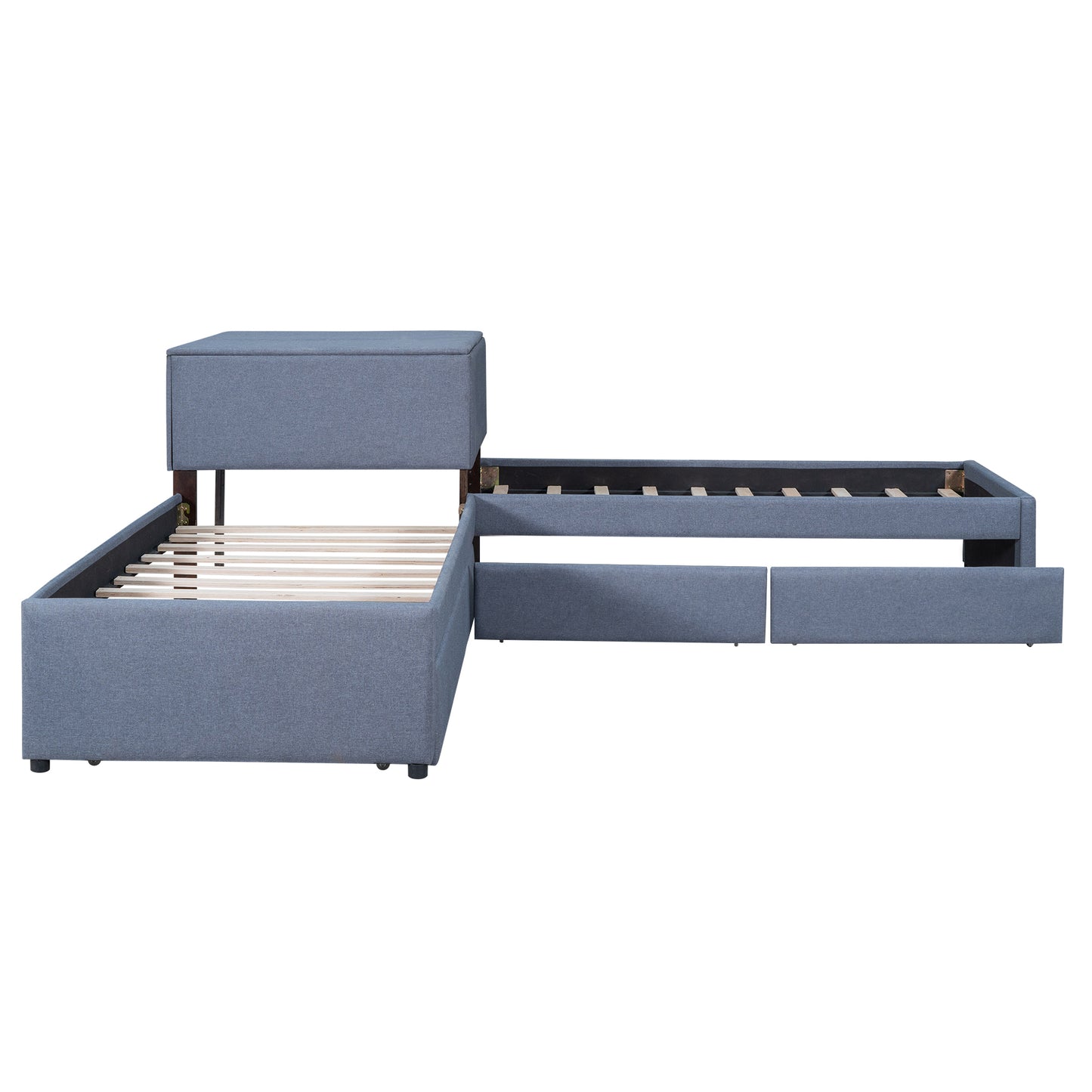 L-shaped Upholstered Platform Bed with Trundle and Two Drawers Linked with built-in Desk,Twin,Gray