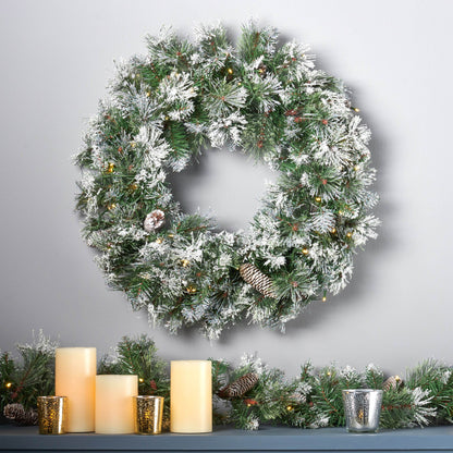 Brilste Mixed Wreath With Snow And Glitter And 13 Frosted Pine Cones With 50 Warm White Led