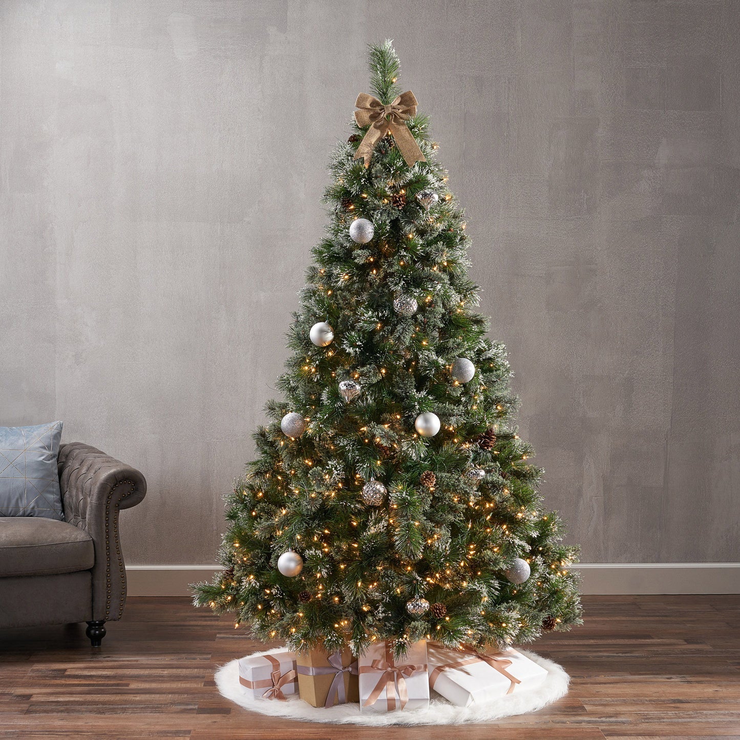 7' Cashmere And Snow Bristle Mixed Tree With 75Pine Cones And 900Clear Lights - Ul, 1233Tips