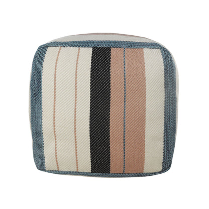 Polyester Striped Indoor Outdoor Pouf Ottoman - White