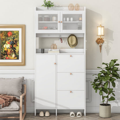 On-Trend Modernist Shoe Cabinet With Open Storage Space, Practical Hall Tree With 3 Flip Drawers, Multi-Functional & Integrated Foyer Cabinet With Tempered Glass Doors For Hallway, White