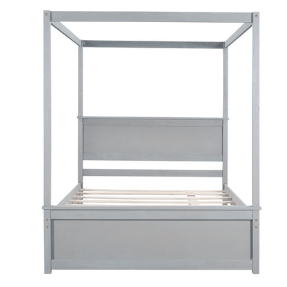 Wood Canopy Bed with Trundle Bed ,Full Size Canopy Platform bed With  Support Slats .No Box Spring Needed, Brushed Gray