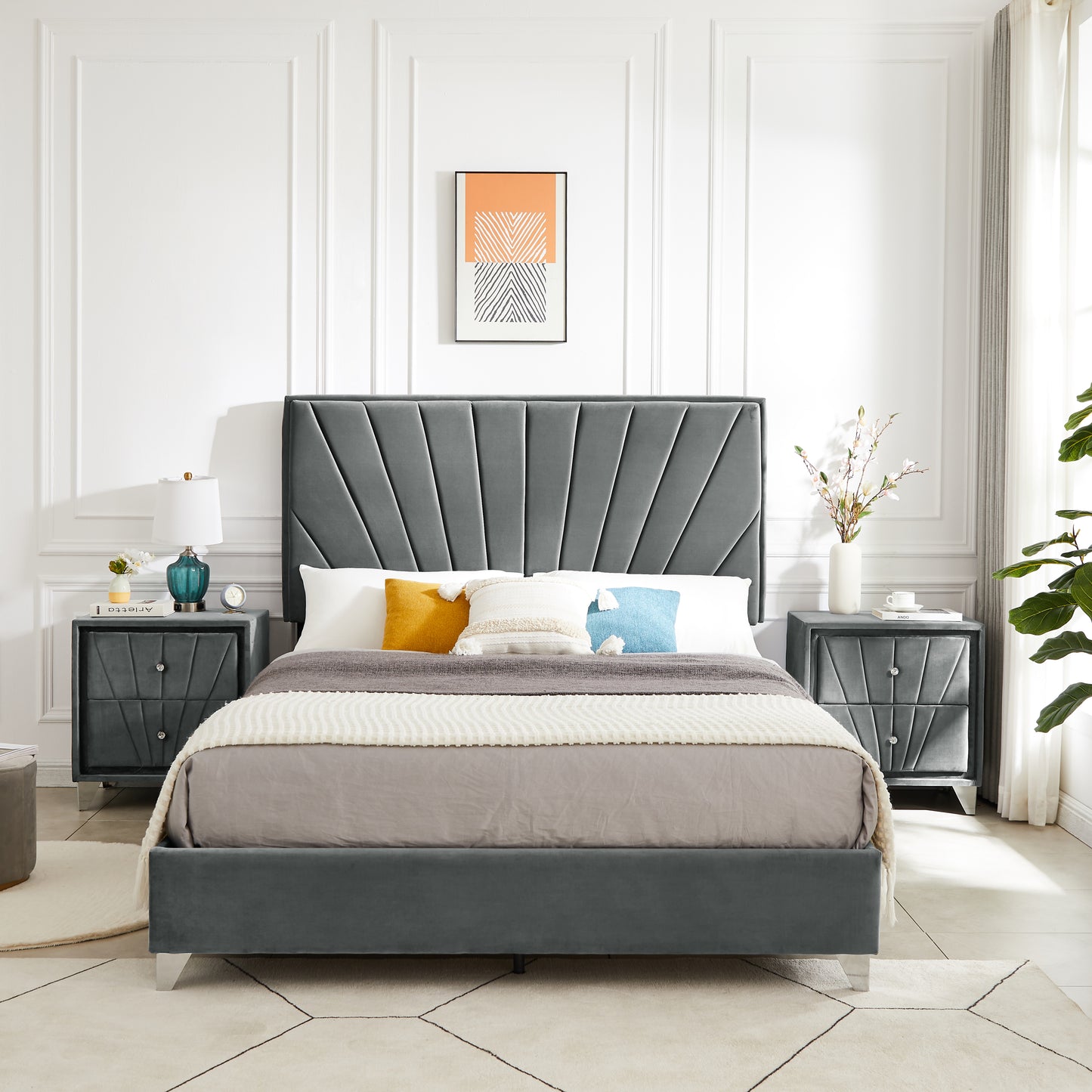 B108 Full bed with one nightstand, Beautiful line stripe cushion headboard , strong wooden slats + metal legs with Electroplate