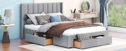 Queen Size Upholstered Platform Bed with One Large Drawer in the Footboard and Drawer on Each Side,Gray