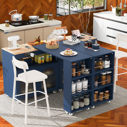 K&K Rolling Kitchen Island With Extended Table, Kitchen Island on Wheels with LED Lights,Power Outlets and 2 Fluted Glass Doors, Kitchen Island with a Storage Compartment and Side 3 Open Shelves, Navy