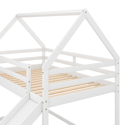 Twin Size Bunk House Bed with Slide and Ladder,White