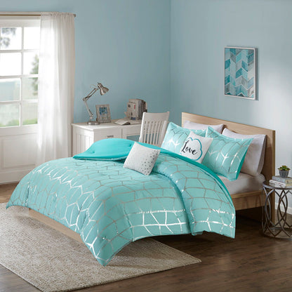 Raina Queen Metallic Printed Comforter Set - Blue