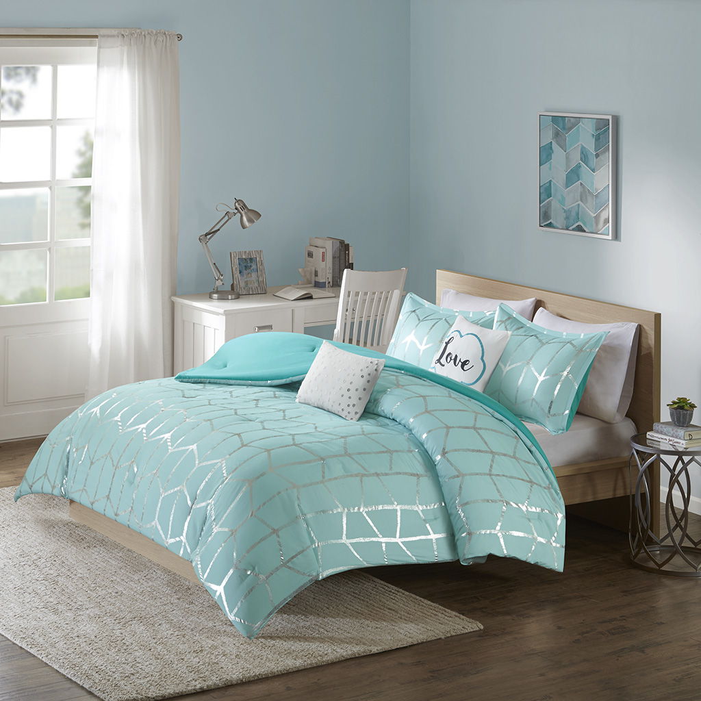 Raina Twin Long Metallic Printed Comforter Set - Blue