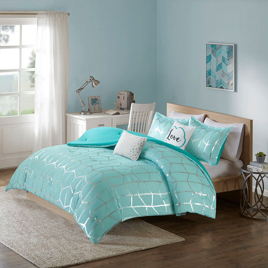 Raina Twin Long Metallic Printed Comforter Set - Blue