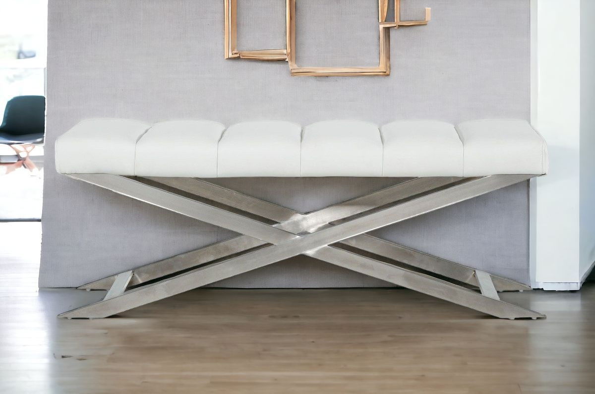 Upholstered Faux Leather Dining Bench - White / Silver