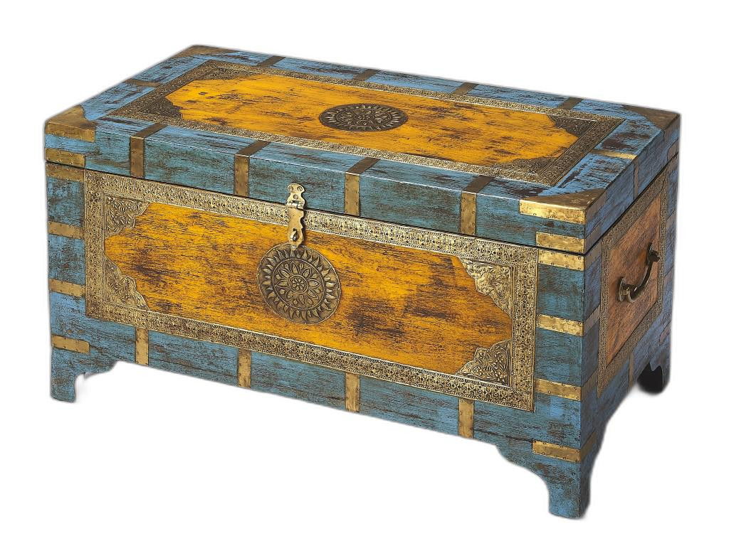 Hand Painted Brass Inlay Solid Wood Storage Trunk - Light Brown