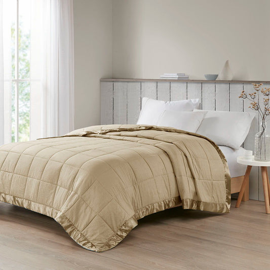 Oversized Down Alternative Blanket With Satin Trim, Taupe