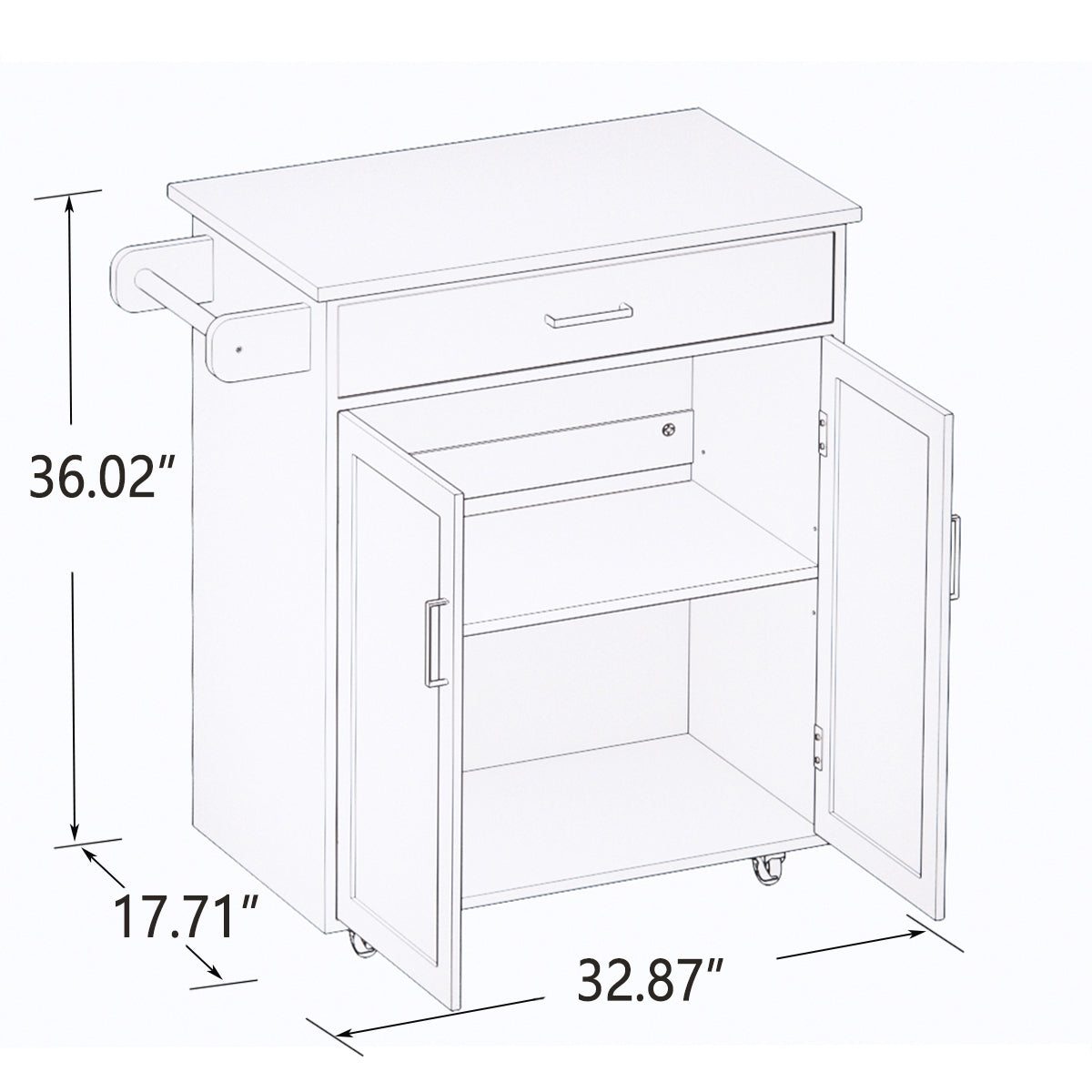 Kitchen island rolling trolley cart with Adjustable Shelves and towel rack rubber wood table top