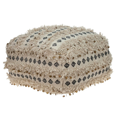 Cotton Blend Abstract Pouf Ottoman - Beige