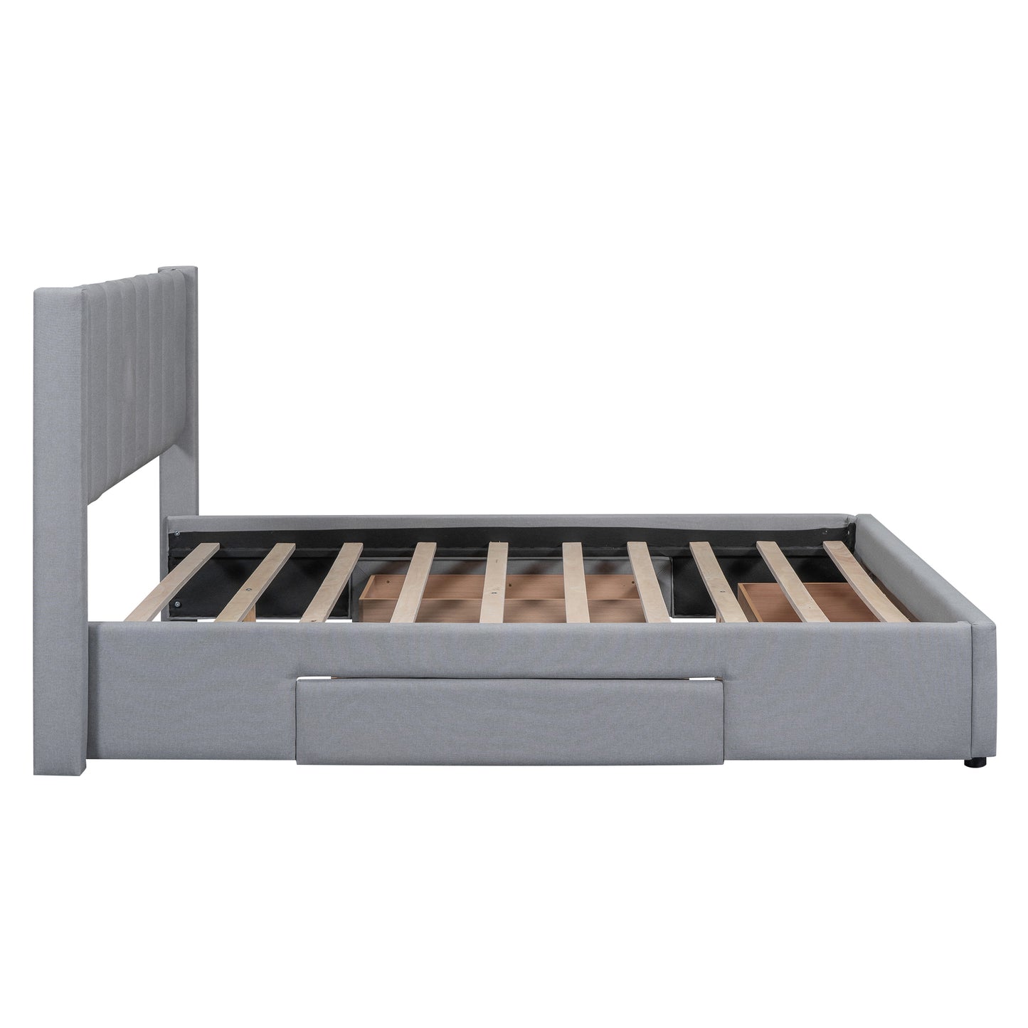 Queen Size Upholstered Platform Bed with One Large Drawer in the Footboard and Drawer on Each Side,Gray