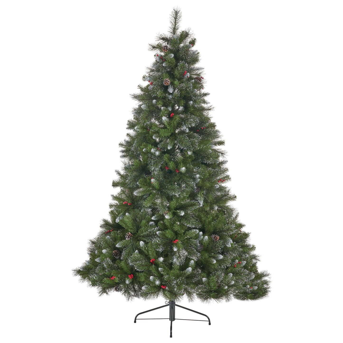 9’ Glitter Bristle Mixed Hinged Tree With 72 Red Berry And 73 Pine Cones And 2099 Tips, Dia:66