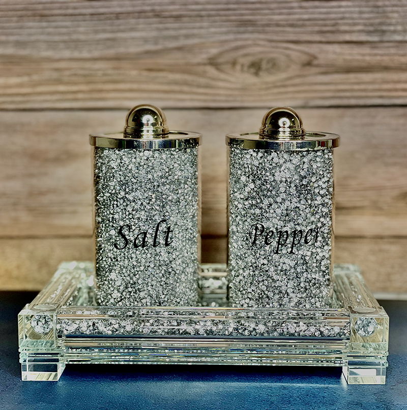 Ambrose Exquisite Salt & Pepper Canisters With Tray In Crushed Diamond Glass In Gift Box - Silver