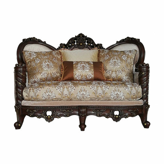 Polyester Blend Damask Chesterfield Loveseat And Toss Pillows - Cream / Brown