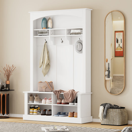 On Trend Wide Hall Tree With Bench And Shoe Storage, Multi - Functional Storage Bench With 3 Hanging Hooks & Open Storage Space, Rectangle Storage & Shelves Coat Rack For Hallway, White