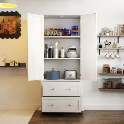 Kitchen Pantry Storage Cabinet With 2 Drawers And 3 Shelves, Minimalist Wood Large Storage Cabinet For Kitchen - Antique White